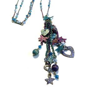 Vintage Charm Necklace 32” Colorful Fantasy Hearts Stars Long